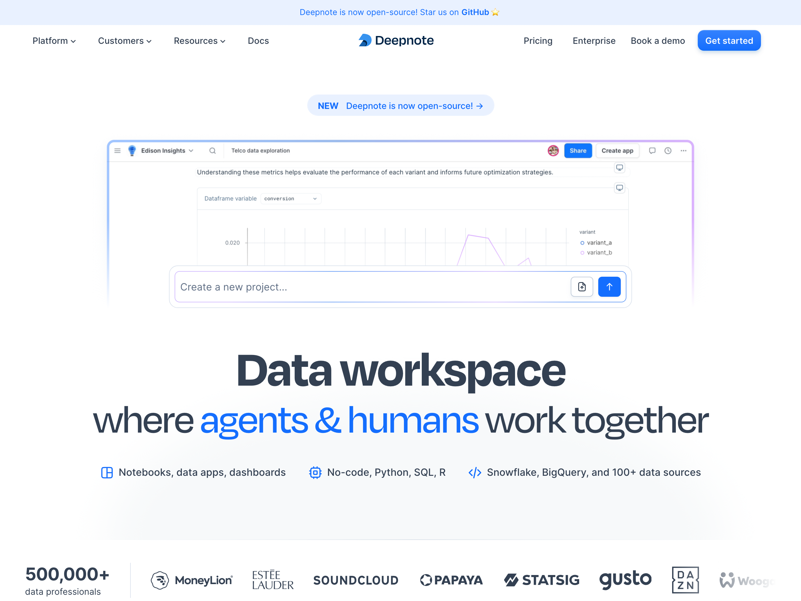 Deepnote homepage with notebook editor