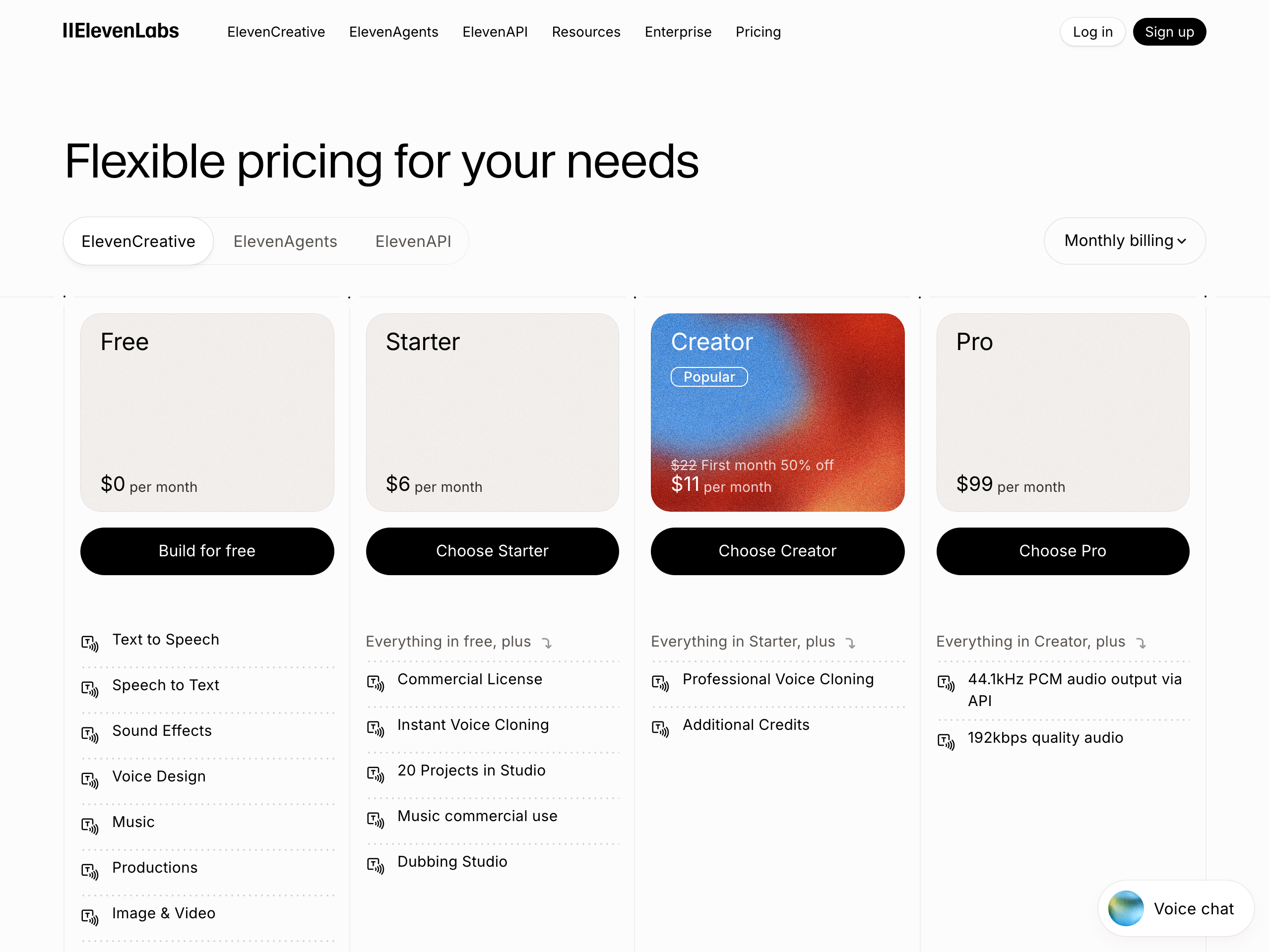 ElevenLabs pricing page