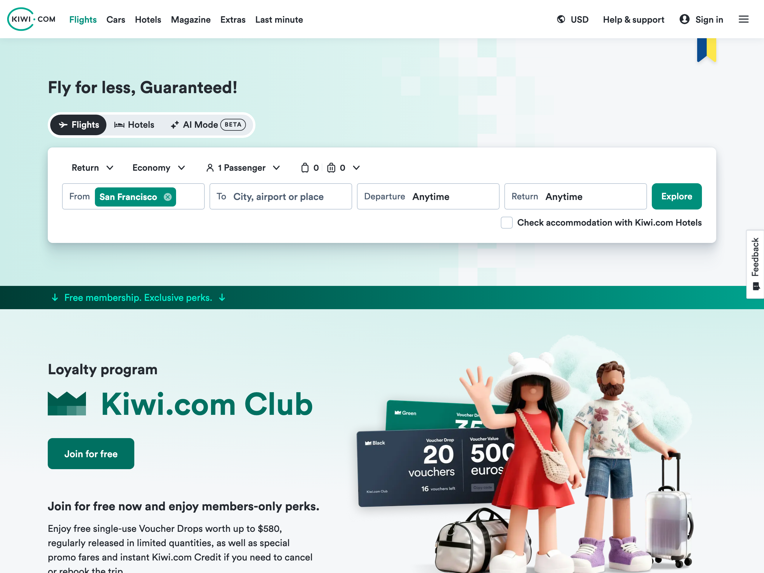 Kiwi.com flight search page