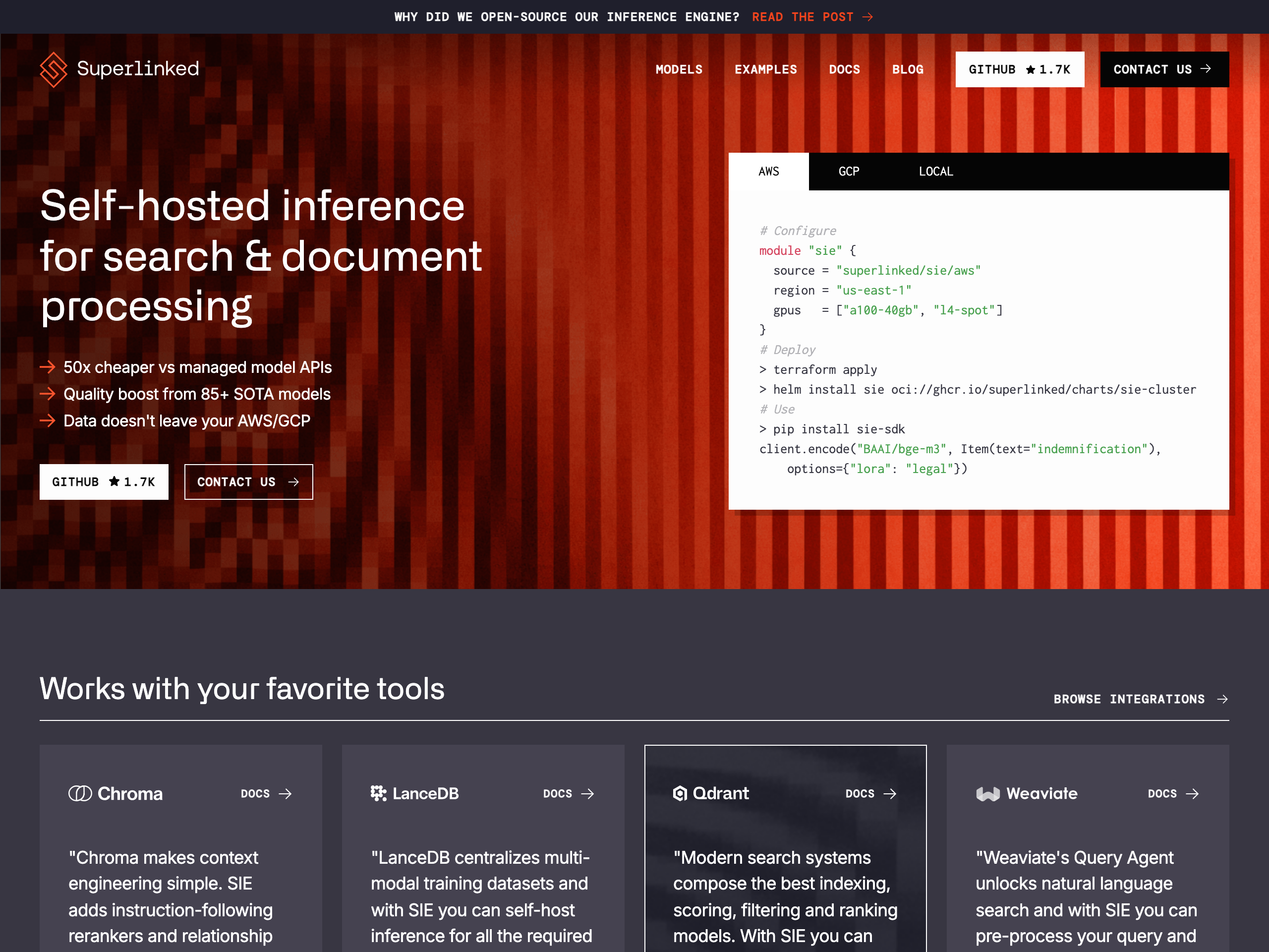 Superlinked homepage with self-hosted inference